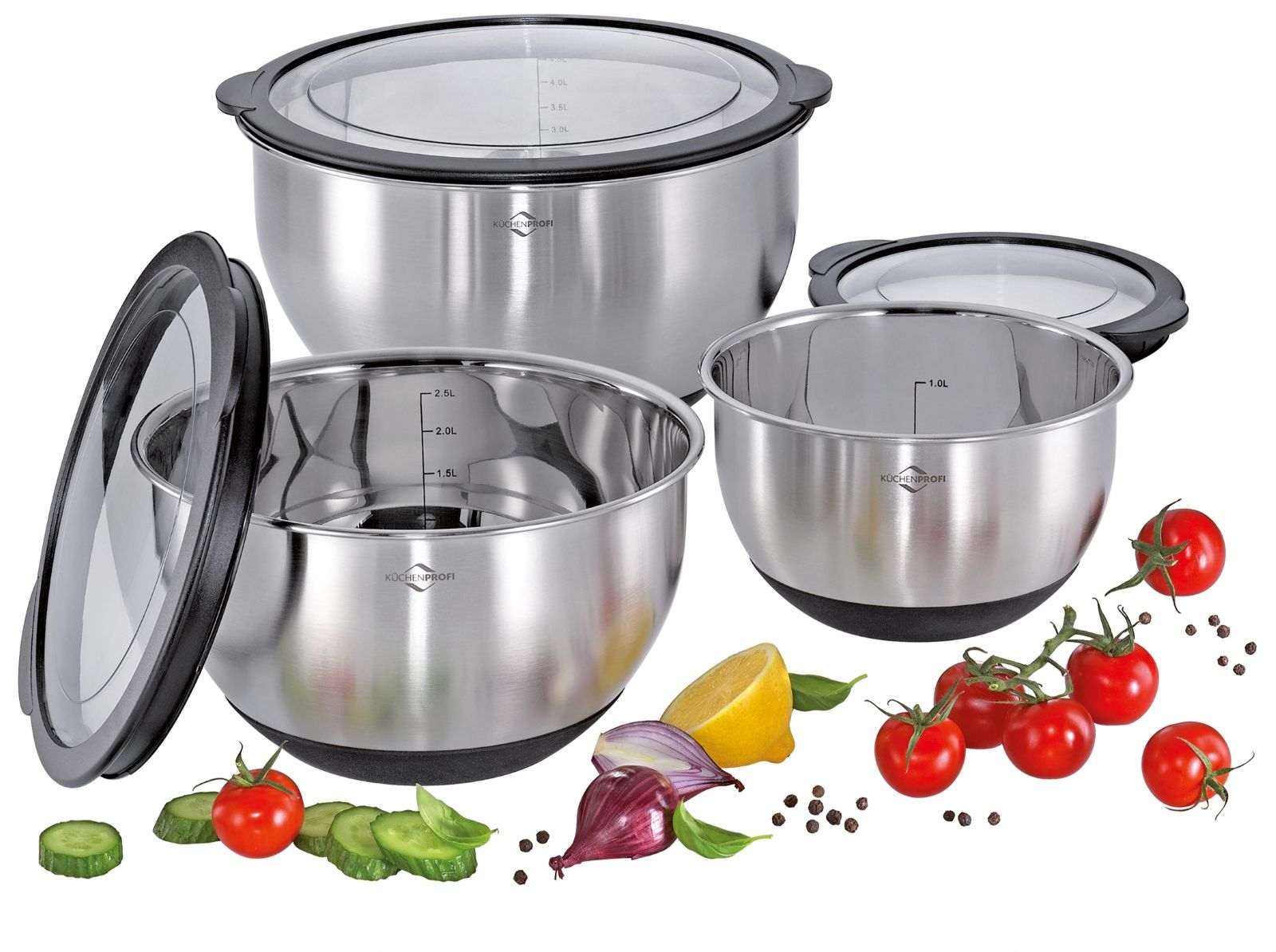 2505602803 DELUXE Mísy s protiskluzovým dnem a víkem - sada 3 ks (1,5 l, 2,5 l, 4,5 l) nerez Kuchenprofi (1)